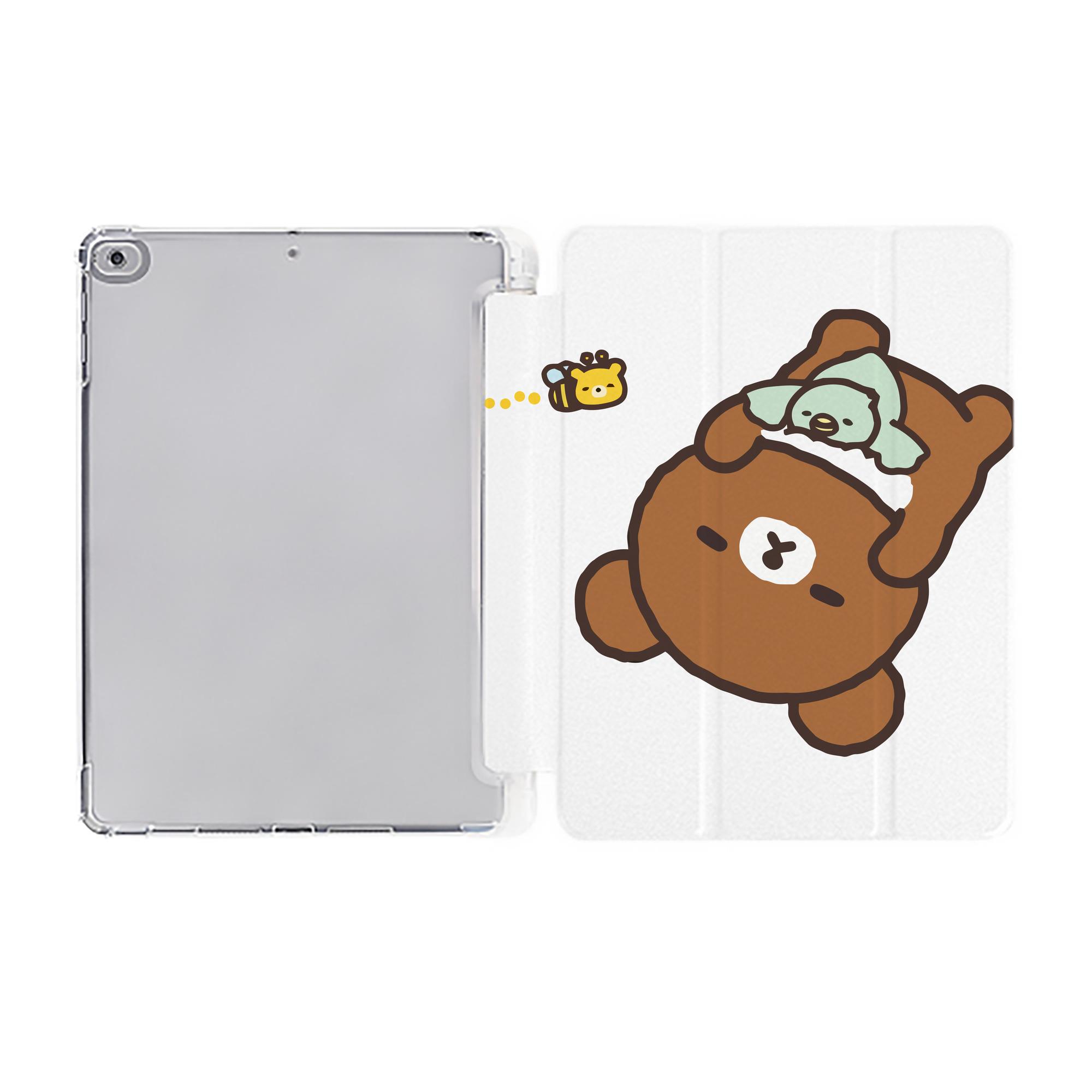 （画像用） リラックマ リラックマ キイロイトリ Rilakkuma Korilakkuma Kiiroitori IPad ケース ペン収納付き 三つ折りスタンド PUレザー×シリコン 対応機種9.5/10.5/10.9インチ